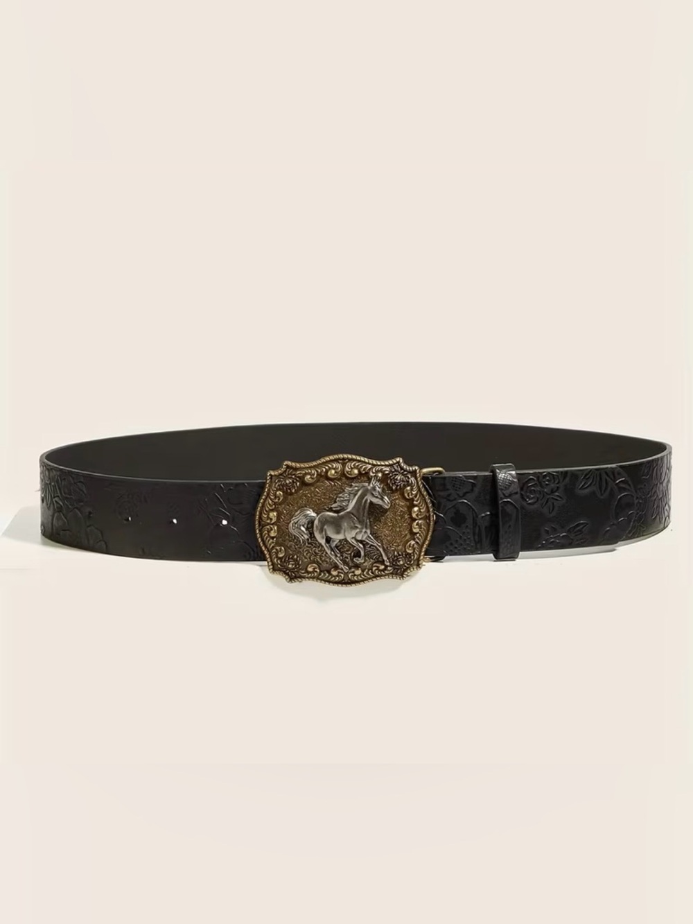Western Black PU Leather Belt with Decorative Horse Buckle in Antique Gold - Picture 3 of 5
